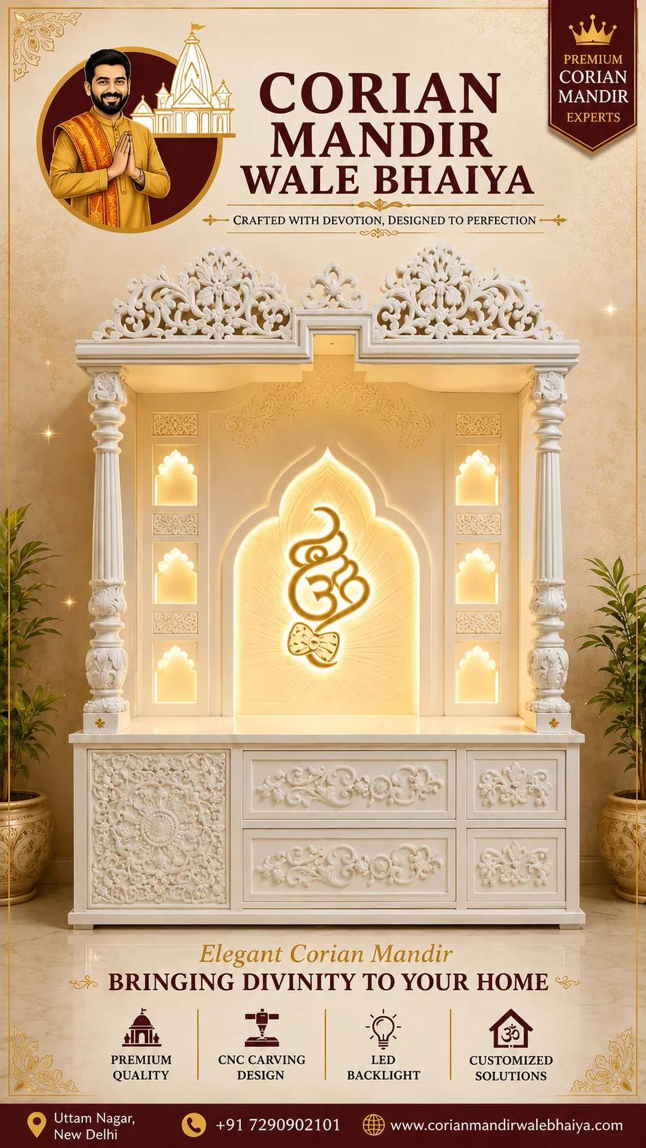 luxury corian mandir, white ganesh om mandir, led backlit pooja unit, cnc carved temple, floral jaali design, elegant home temple, premium corian pooja space, decorative mandir design