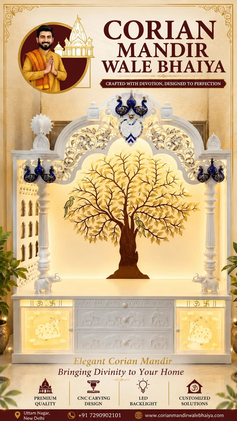 luxury corian mandir, tree of life mandir, white pooja unit, peacock arch design, led backlit temple, cnc carved mandir, premium home temple, decorative corian mandir