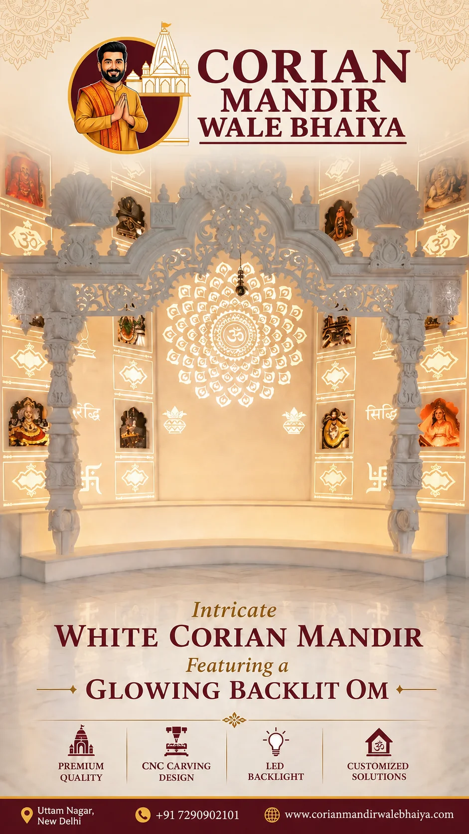Mandir design, corian mandir, om design, 7 sacred symbols, home temple, om temple design, mandir for home