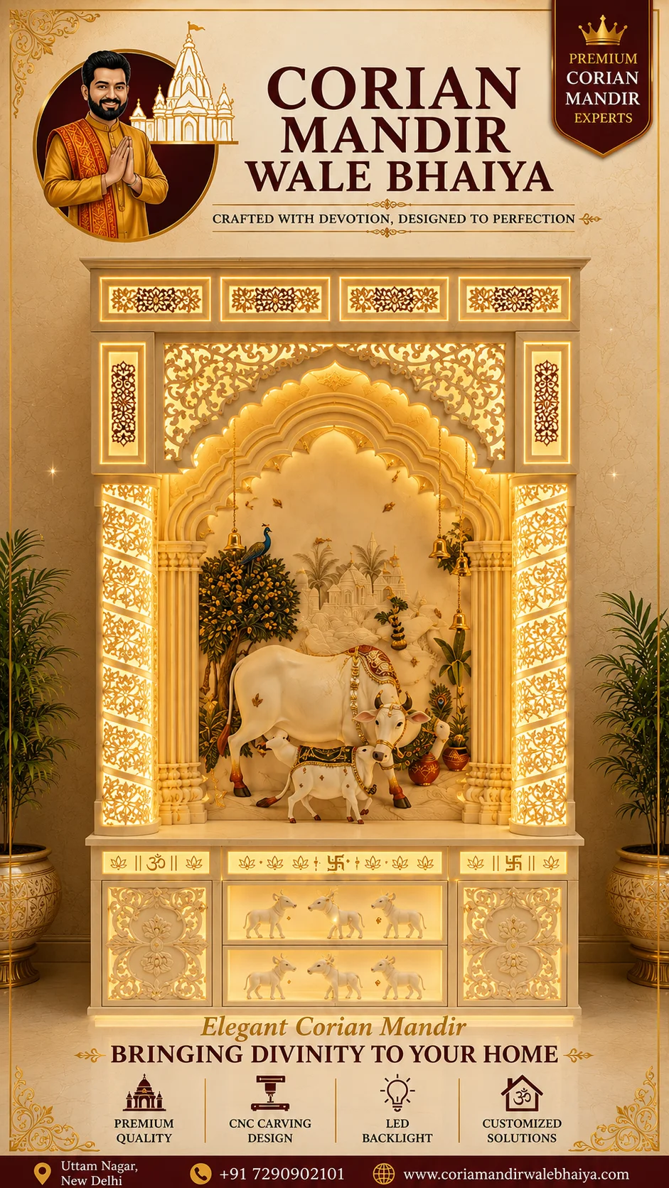 luxury corian mandir, gaumata pooja unit, white devotional temple, led backlit mandir, heritage arch design, cnc carved pooja space, premium home temple, decorative cow theme mandir
