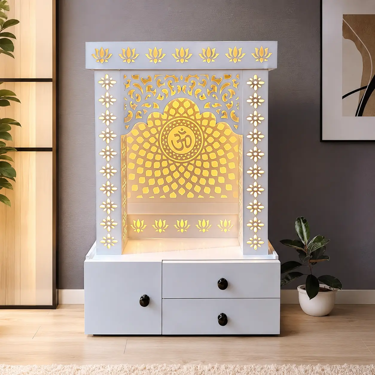 Mandir Design, Home Temple, Temple for home, Designer LED Corian Mandir for Living Room and Pooja Room