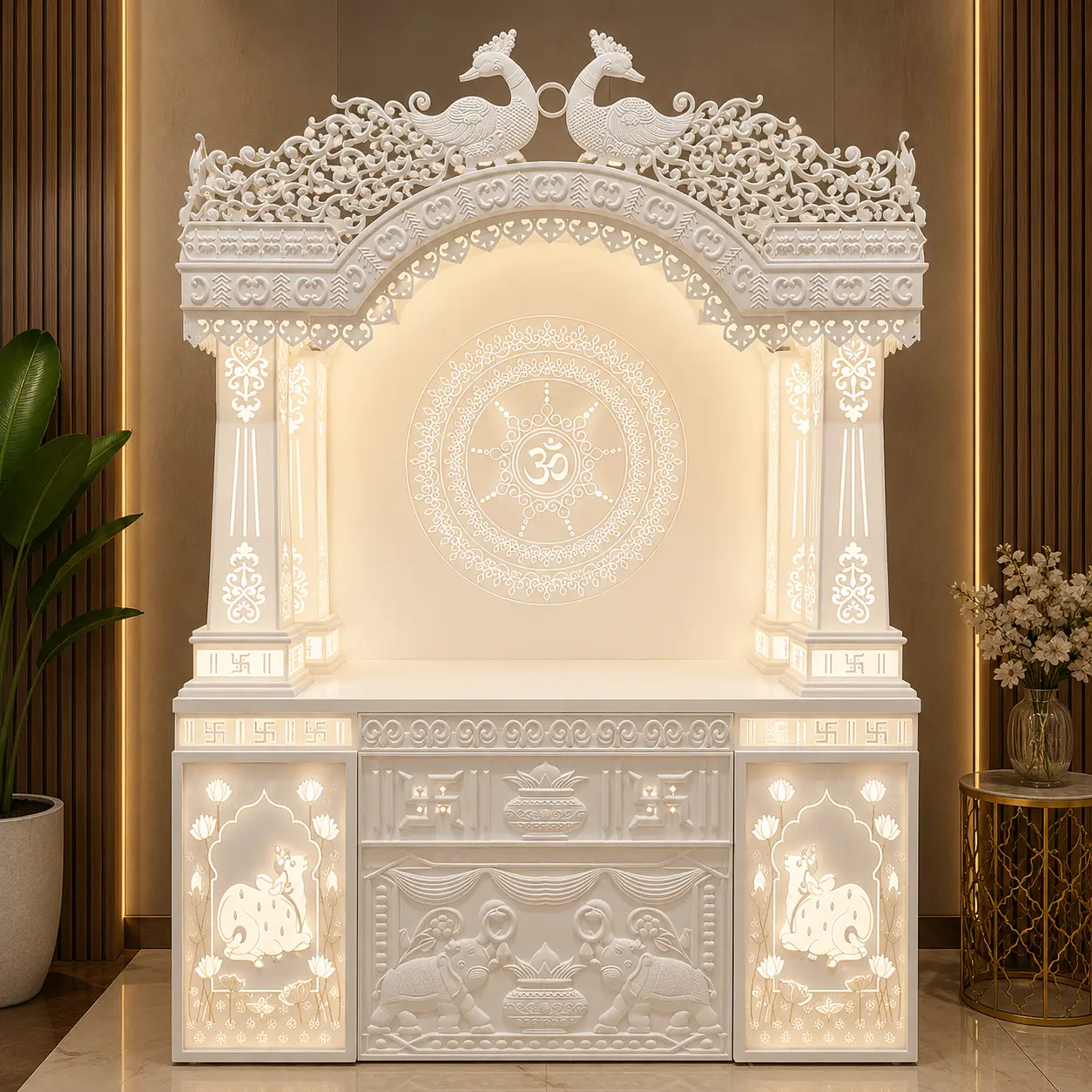 contemporary corian mandir with traditional carvings, Home Mandir, Mandir for home, mandir design, temple for home