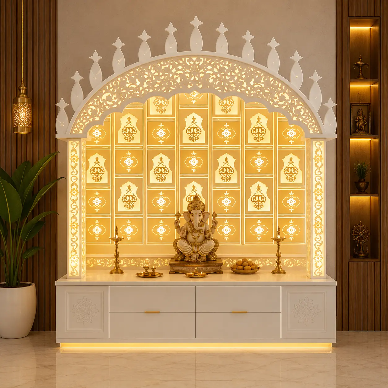 Corian mandir with jaali panel and warm lights, Home Temple, mandir Design
