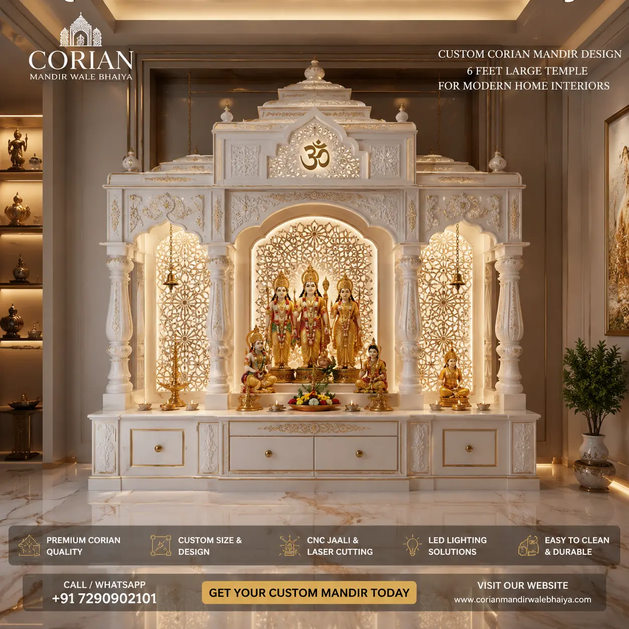 Custom corian mandir design for modern home interiors, Home Temple, Mandir for home