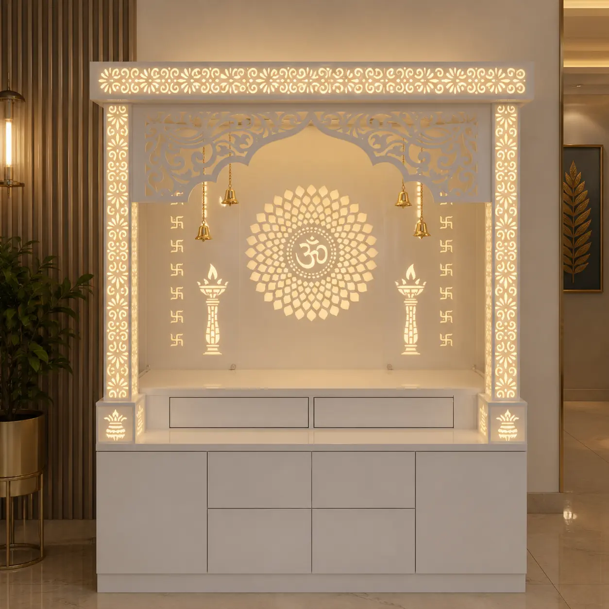 Elegant corian mandir for flats and villas, Home temple, Modern temple, Temple For home, Mandir design