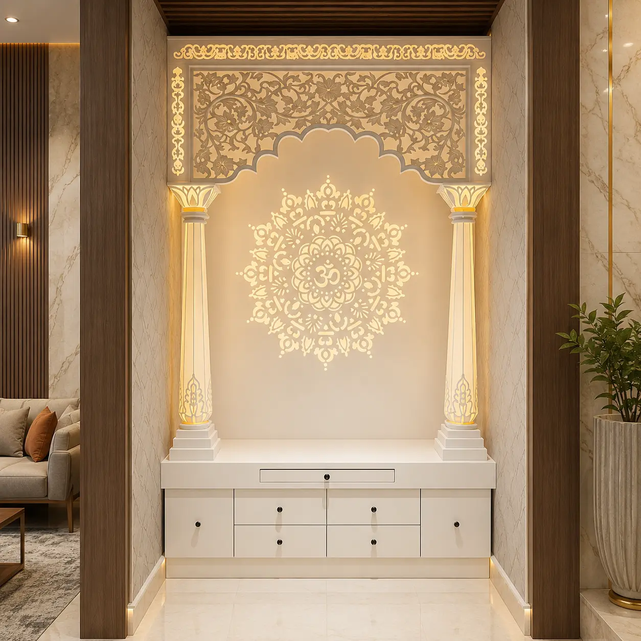 Handmade corian temple for apartment living room, Home temple, Modern temple, Temple For home, Mandir design
