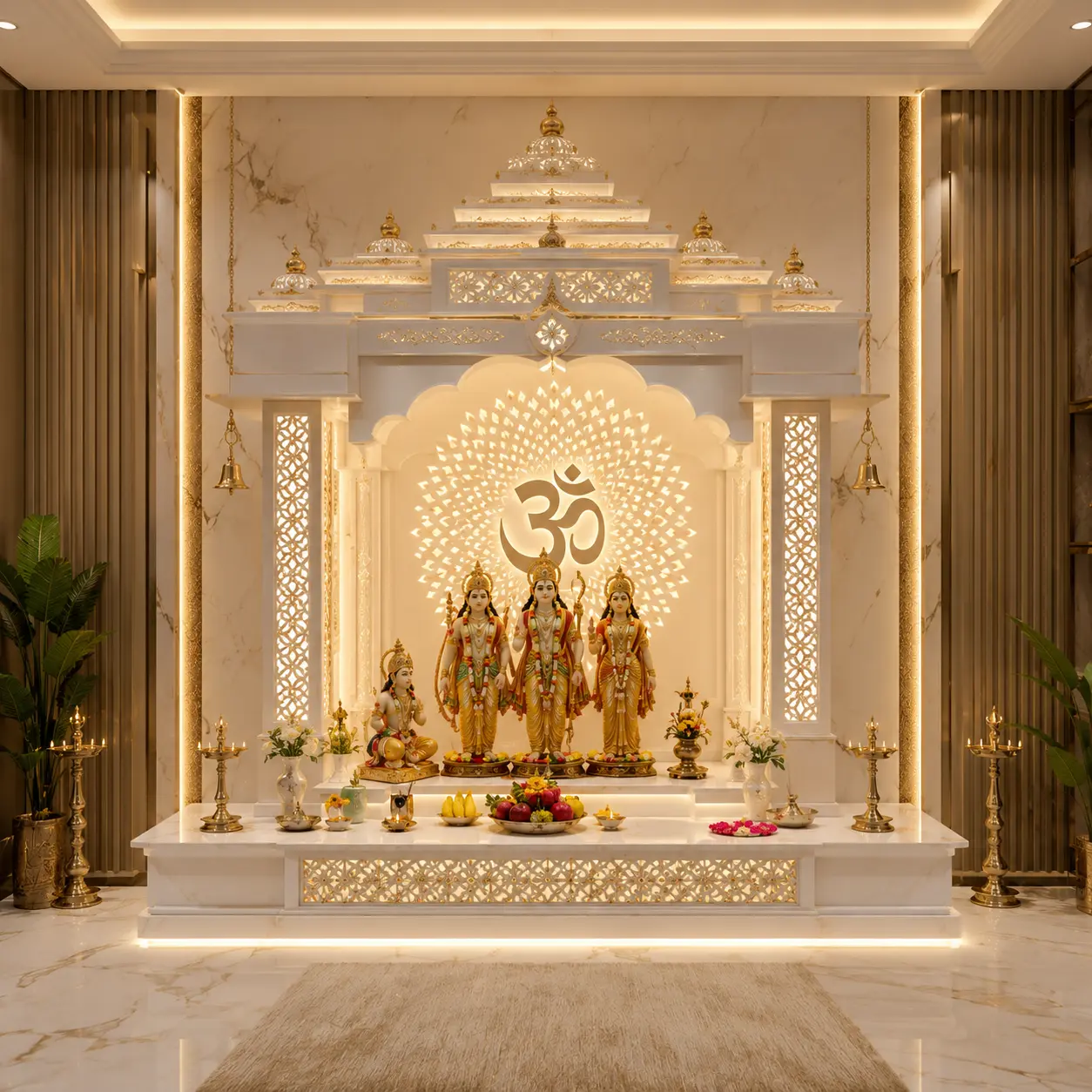 luxury corian pooja mandir with backlit om panel, Temple For Home, Home Temple, temple Design