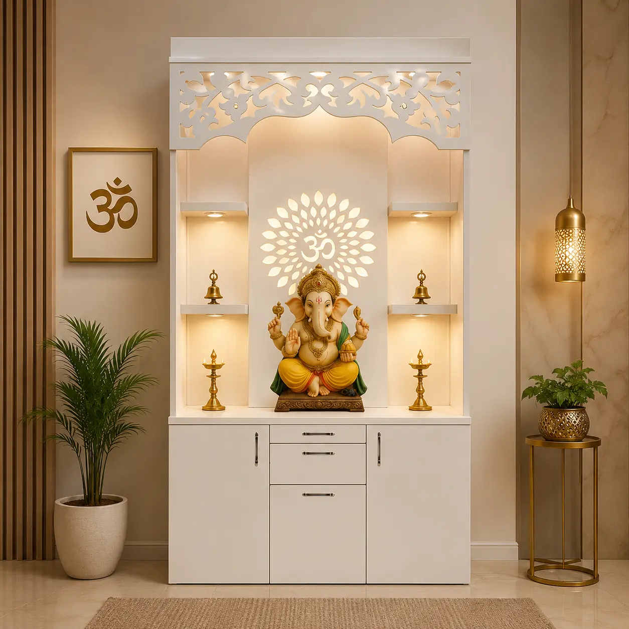 Modular corian temple design for urban homes, Corian Mandir, Home temple, Modern temple, Temple For home, Mandir design
