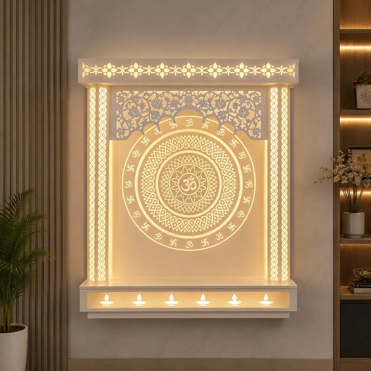Mandir Design, Home Temple, Temple for home, Wall mounted corian temple for compact homes