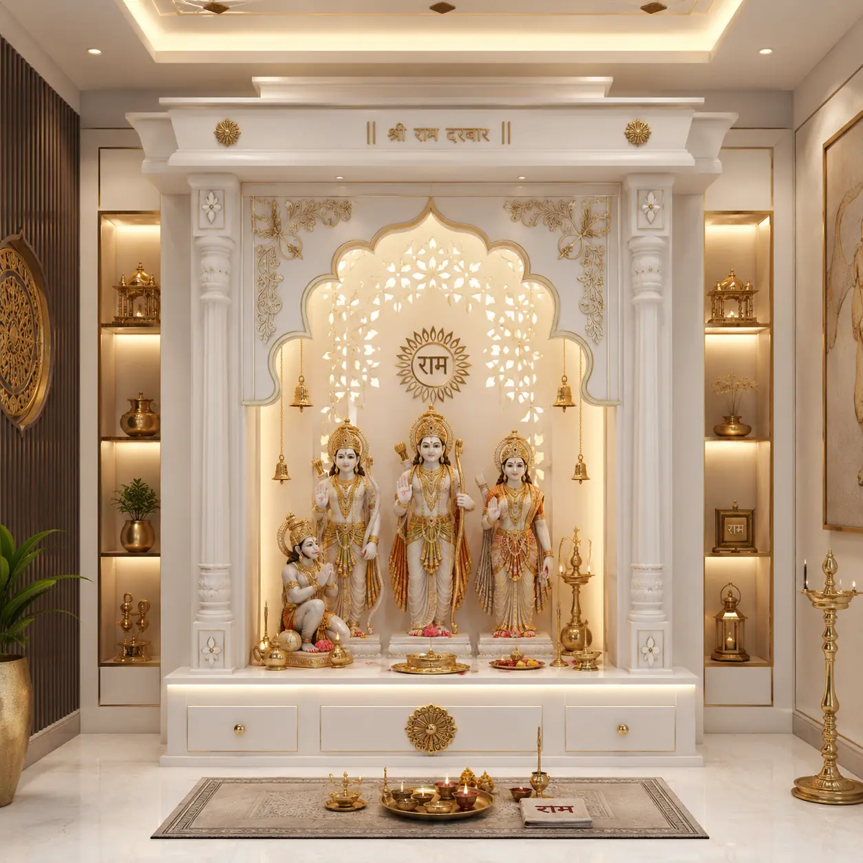 Mandir Design, Corian Temple, Temple Design, Corian Mandir Design, Temple for home, Home Temple, Shri Ram Darbar Corian Temple Design for Modern Luxury Home Interiors